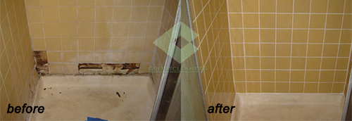 before and after regrouting bathroom wall